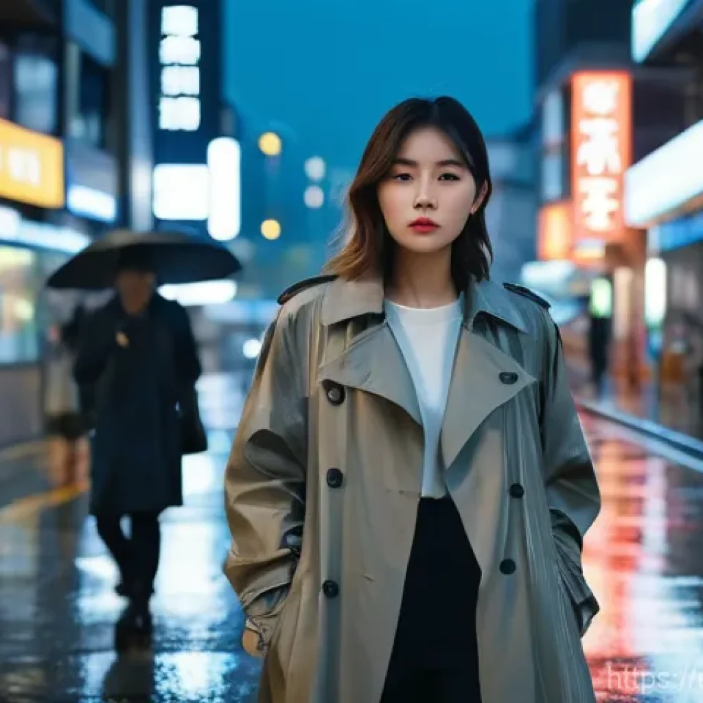 국어 서사문학 특징 - **Prompt:** A young woman, dressed in a simple yet elegant modern trench coat and ankle boots, stand...