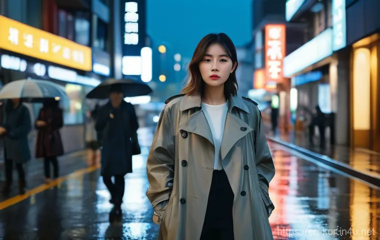 국어 서사문학 특징 - **Prompt:** A young woman, dressed in a simple yet elegant modern trench coat and ankle boots, stand...
