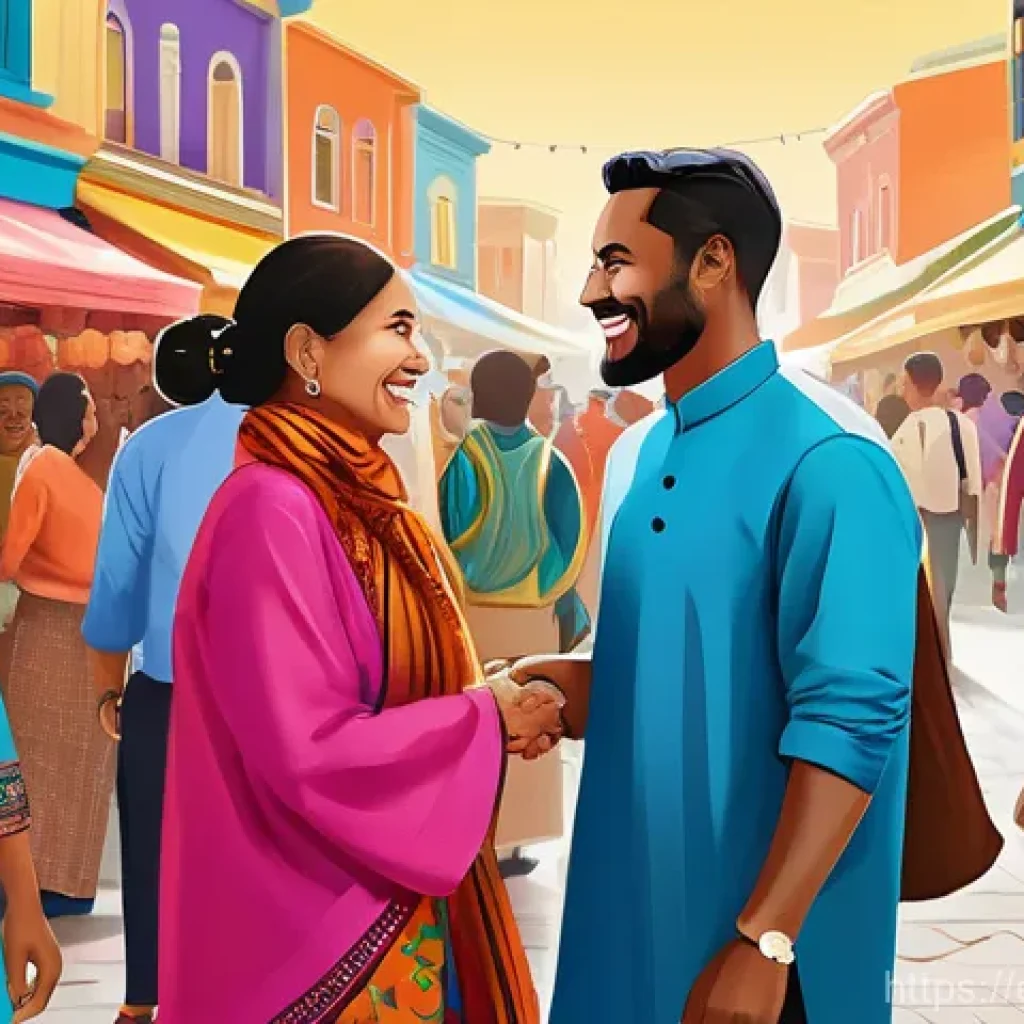 사투리와 표준어 비교 - A vibrant, detailed illustration showcasing a bustling global market square where people of various ...