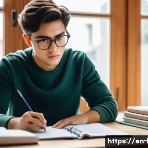 국어 임용고시 기출 분석 - A focused young adult student sitting at a modern study desk in a bright, cozy home office, surround...
