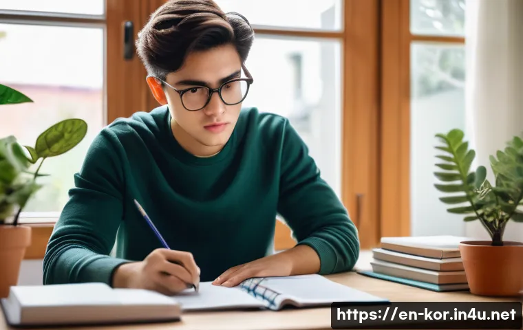 국어 임용고시 기출 분석 - A focused young adult student sitting at a modern study desk in a bright, cozy home office, surround...