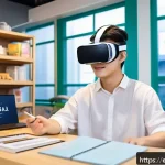 국어 학습에서의 실험적 접근법 - A cozy modern study room scene featuring a young adult learner using a VR headset, immersed in a vib...