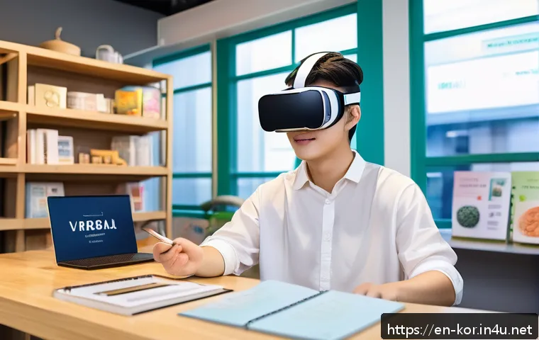 국어 학습에서의 실험적 접근법 - A cozy modern study room scene featuring a young adult learner using a VR headset, immersed in a vib...
