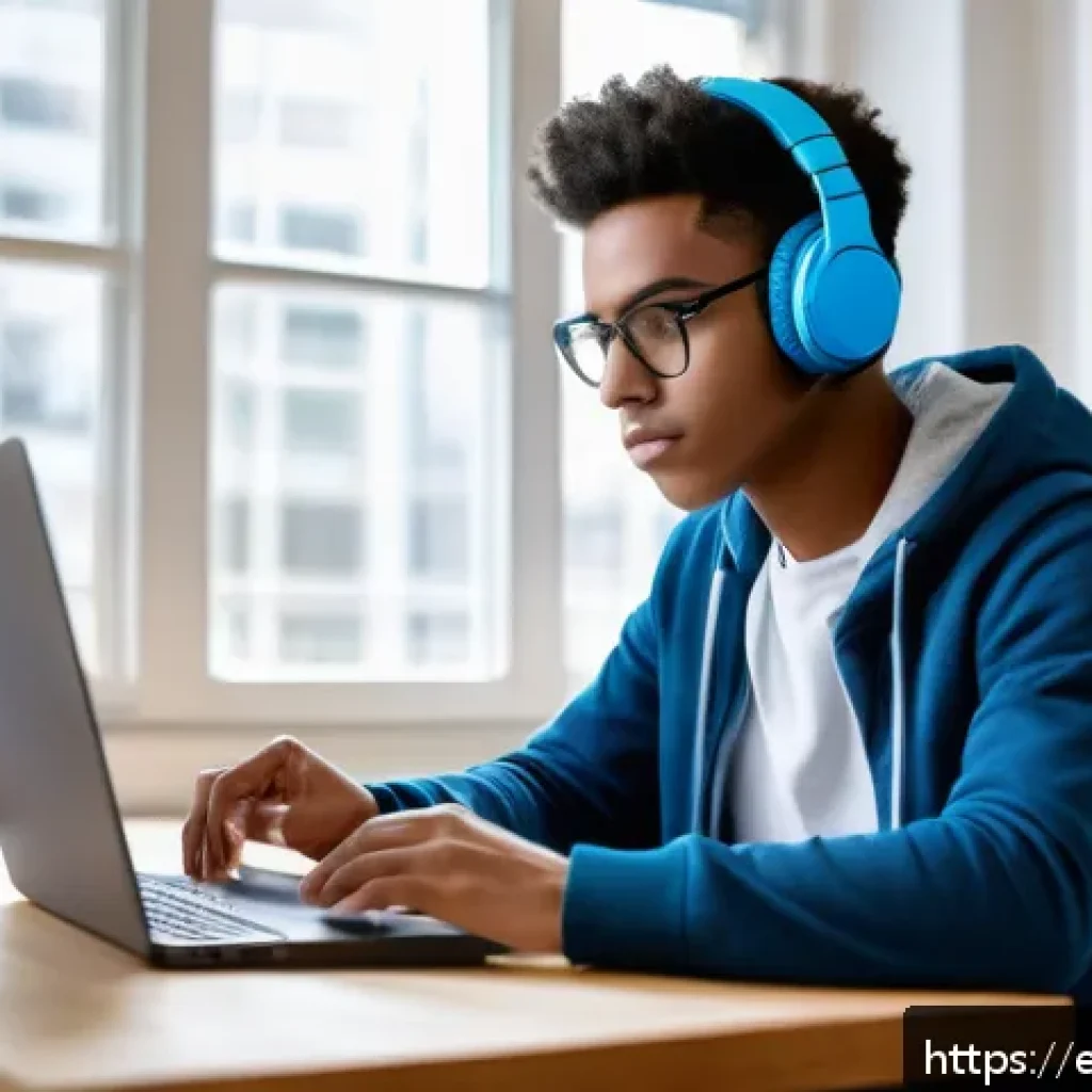 국어 시험 출제 경향 - A focused young adult student sitting at a modern study desk with a laptop displaying a computer-ada...