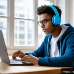 국어 시험 출제 경향 - A focused young adult student sitting at a modern study desk with a laptop displaying a computer-ada...