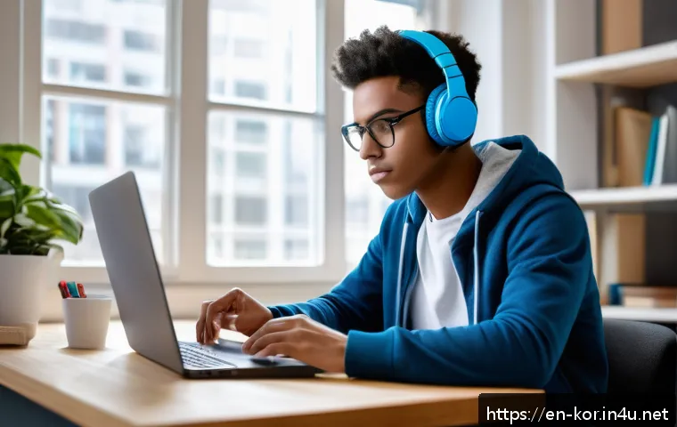 국어 시험 출제 경향 - A focused young adult student sitting at a modern study desk with a laptop displaying a computer-ada...