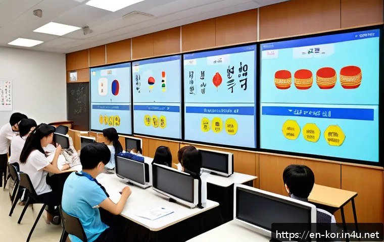 국어 교사 자격증 준비 - A modern classroom setting where a diverse group of adult students attentively learn Korean language...