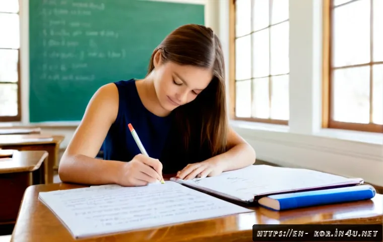국어 평가에서의 루브릭 활용 - Photorealistic middle-school English teacher calmly assessing student writing with a detailed color-...